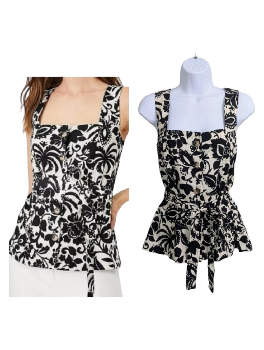 Ann Taylor Linen Blend Black White Floral Tank Top Blouse Size XS Front Tie Bow